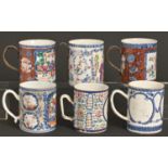 Six Chinese export porcelain cylindrical mugs, 18th c, three with contemporaneous European