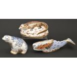 Three Royal Crown Derby paperweights - Crocodile, Oceanic Whale and Aurora Polar Bear, early 21st c,