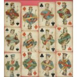 Twelve 19th c colour printed playing cards, framed and another item (2) Playing cards somewhat