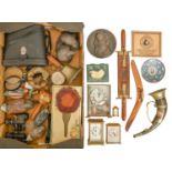 A French brass carriage clock and miscellaneous other items, including binoculars, a Chinese