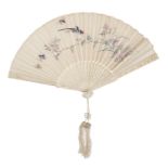 A Chinese painted silk fan with carved and pierced bone sticks and guards, early 20th c, mother of