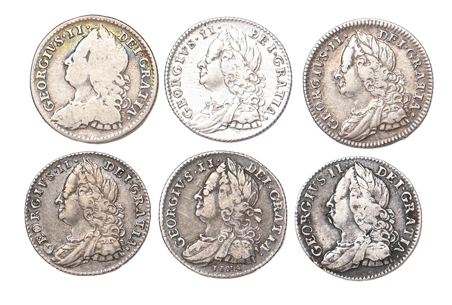 George II, Sixpences, 1746 LIMA, 1750, 1751, 1757, 1758/7 (2), vg-VF (6)