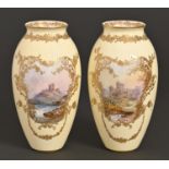 A pair of Royal Doulton primrose ground bone china vases, 1902-1920, painted by J H Plant, both