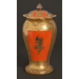 A Masons Ironstone vase and cover, early 20th c, decorated with chinoiseries in orange and cobalt in