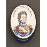 An oval enamel bonbonniere, 19th / early 20th c, transfer printed and painted with MARQUIS
