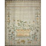 A George III linen sampler, by Sarah Himus July 20 1798, worked with a flower filled jardiniere