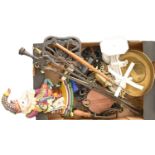 A painted cast iron Mr Punch door stop, fire irons, horse brasses, toasting forks, etc