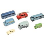 Diecast Toys.  Three Dinky Morris, Bedford and other vans and two buses  and two Matchbox 1-75