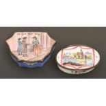 Two French oval and cartouche shaped enamel bonbonnieres, late 19th c, with a scene of three figures