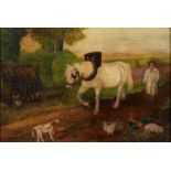 J.J Hudson, Naive Artist, late 19th/early 20th c - The Farmyard, with farmer, work horse, dog,