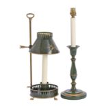 Two Vaughan green and gilt metal candlestick and bouillotte lamps, late 20th / early 21st c, 27