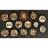 Thirteen F & R Pratt colour printed pot lids, c1860, all but one medium, subjects including