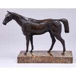 An equestrian bronze sculpture of a stallion, 20th c, even dark brown patina, on serpentine base,