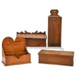 A George III mahogany candle box, with sloping lid and a wall  hanging oak example, 21cm l and