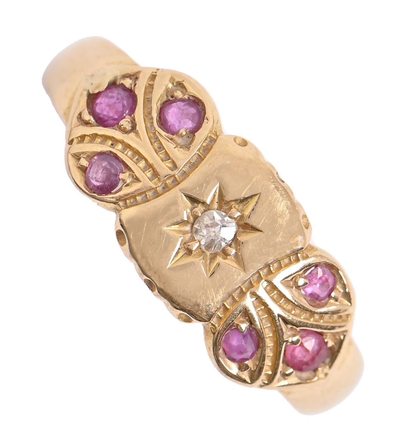 An Edwardian ruby and diamond ring, gypsy set in 18ct gold, Birmingham 1905, 2.5g, size K Light