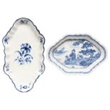 A Worcester blue and white spoon tray, c1780, painted with the Gillyflower pattern, 15.5cm l,
