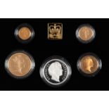 Gold coins. Proof £5 - half sovereign four coin set and silver Pistrucci commemorative medal five '