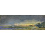 Kathleen Crow ROI (1920-2020) - Sunset Rutland Water, oil on board, 16 x 49.5cm Requires a light