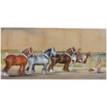 Herbert or Henry Standing - Shire Horses, signed and dated 1907, watercolour, 35 x 73cm Lightly