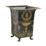 A tole jardiniere, 20th c, in French Empire style, decorated en grisaille with a classical urn and