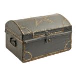 A brass studded black leather covered wood travelling trunk, 19th c, in the original spotted