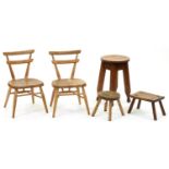 Three various oak and ash stools and a pair of ash children's chairs, with elm seat Good condition