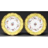 A pair of Mintons yellow ground dessert plates, c1895, painted with scattered flowers in lightly