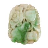 A Chinese carved jadeite pendant, early 20th c, with flowers and peaches, 40 x 30mm Good condition
