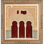 A Spanish polychrome plaster Moorish architectural relief, c1900, backed on crimson velvet, in