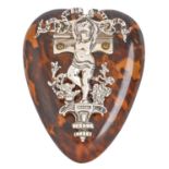 A Victorian heart shaped silver mounted tortoiseshell child figural desk clip, 11.5cm l, by Henry