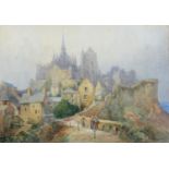 Adam Knight (1855-1931) - Mont St Michel, signed, watercolour, 38 x 54cm Several small spots of