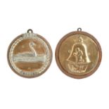Maritime relics. Two bronze ship badges of HMS Cygnet and another vessel, first half 20th c,