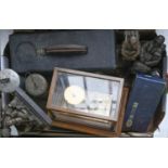 An oak cased brass barograph, two reproduction brass Davy lamps, statuettes of soldiers, flasks, etc