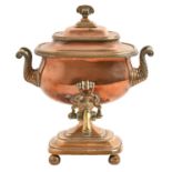 A Regency copper and brass tea urn and cover, of oblong form with turned ivory handles, 20cm h,