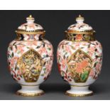 A pair of Crown Derby Japan pattern oviform vases and covers, c1880, 13cm h, printed mark
