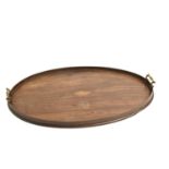 An oval mahogany gallery tray, 19th c, with central shell patera, 63cm over brass handles Several