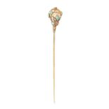 A Victorian gold stickpin, with white coral bead, turquoise and gold cagework terminal, height of