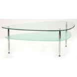 A clear and frosted glass two tier coffee table, on three polished metal legs, 50cm h; 135cm l