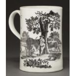 A Worcester mug, c1772, with two onglaze transfer prints by Robert Hancock, Milking Scene No 1 and