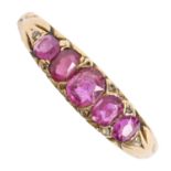 A five stone ruby ring, early 20th c, with diamond accents, in gold, 3.1g, size M½ Worn and