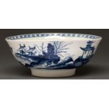 A Worcester blue and white bowl, c1770, attractively if slightly eccentrically potted and painted in