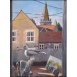 Crossley, 21st c - View from an Artist's Window, signed, oil, 39 x 29cm, a study of a steam engine
