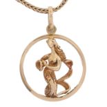 A 9ct gold mermaid pendant, 25mm diam and a 9ct gold herringbone pattern chain, 17g Good condition