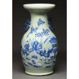 A Chinese blue and white celadon vase, late 19th c, painted with five figures in a landscape, 41cm h