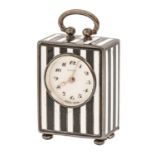 A miniature silver and black and white striped enamel carriage timepiece, Zenith, c1920, with enamel
