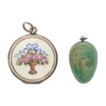 A silver and guilloche enamel locket painted with a basket of flowers, c1920, 28mm diam, 8.8g, and