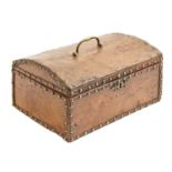 A brass studded leather covered wood box, 19th c, the coffered lid with brass handle, key, 28.5cm