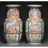 A pair of Chinese Canton famille rose vases, 19th c, 45cm h Wear to gilding on dogs / chilong, small