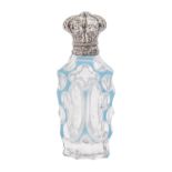 A Victorian silver mounted glass scent bottle, cased in white and turquoise glass, the chased