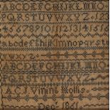 A Victorian linen sampler, A. C. J. Vining Hollis Decr 1861, worked in black monochrome, 19 x